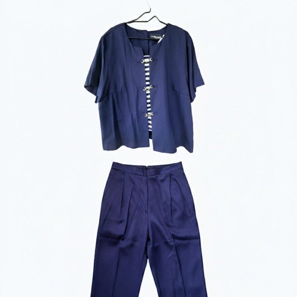 Vintage Sag Harbor Woman Navy Nautical 2-Piece Crepe Pantsuit Set Plus Size 18W